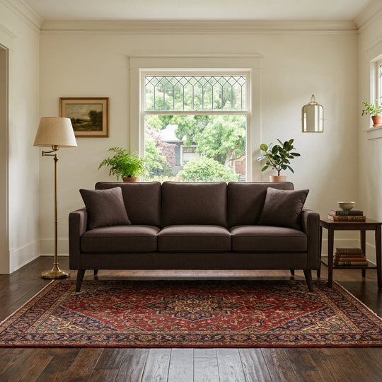 Adel Sofa in Ramp Espresso styled in Portland living room - Whats New Furniture