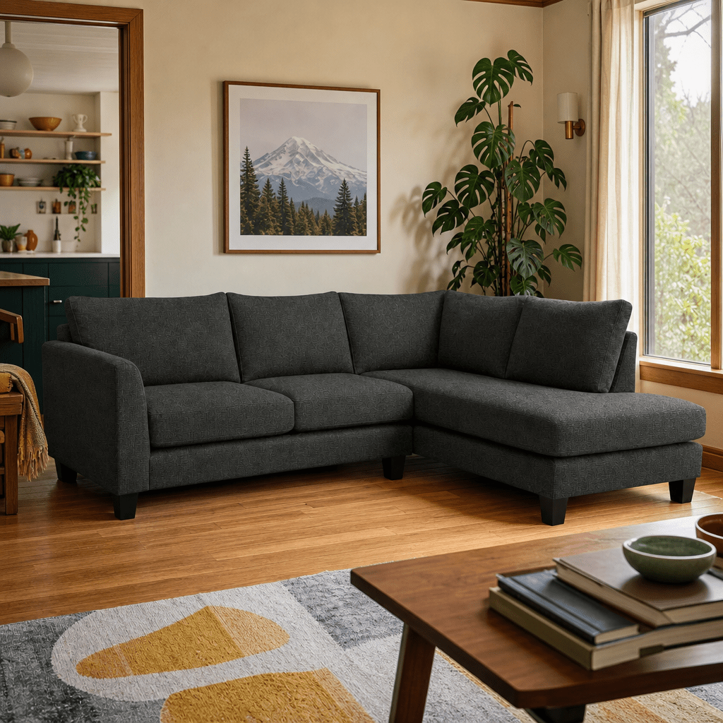 Adia Sectional Sofa in Nexus Arbor styled in a Portland home - Whats New Furniture