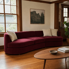 Andina Curved Sofa in Julia Chianti styled in a Portland living room - Whats New Furniture