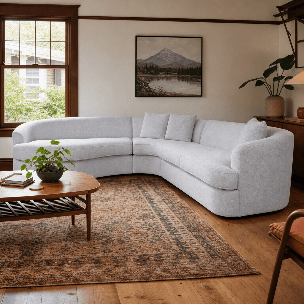 Andina Curved Sectional in Rockaway Platinum styled in a Portland living room - Whats New Furniture