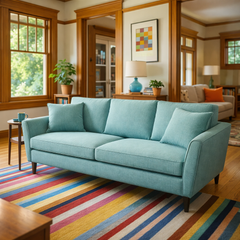 Anelo Apartment Sofa in Shelby Cloud side angle - apartment-scale custom fabric sofa by Stylus - Whats New Furniture Portland OR