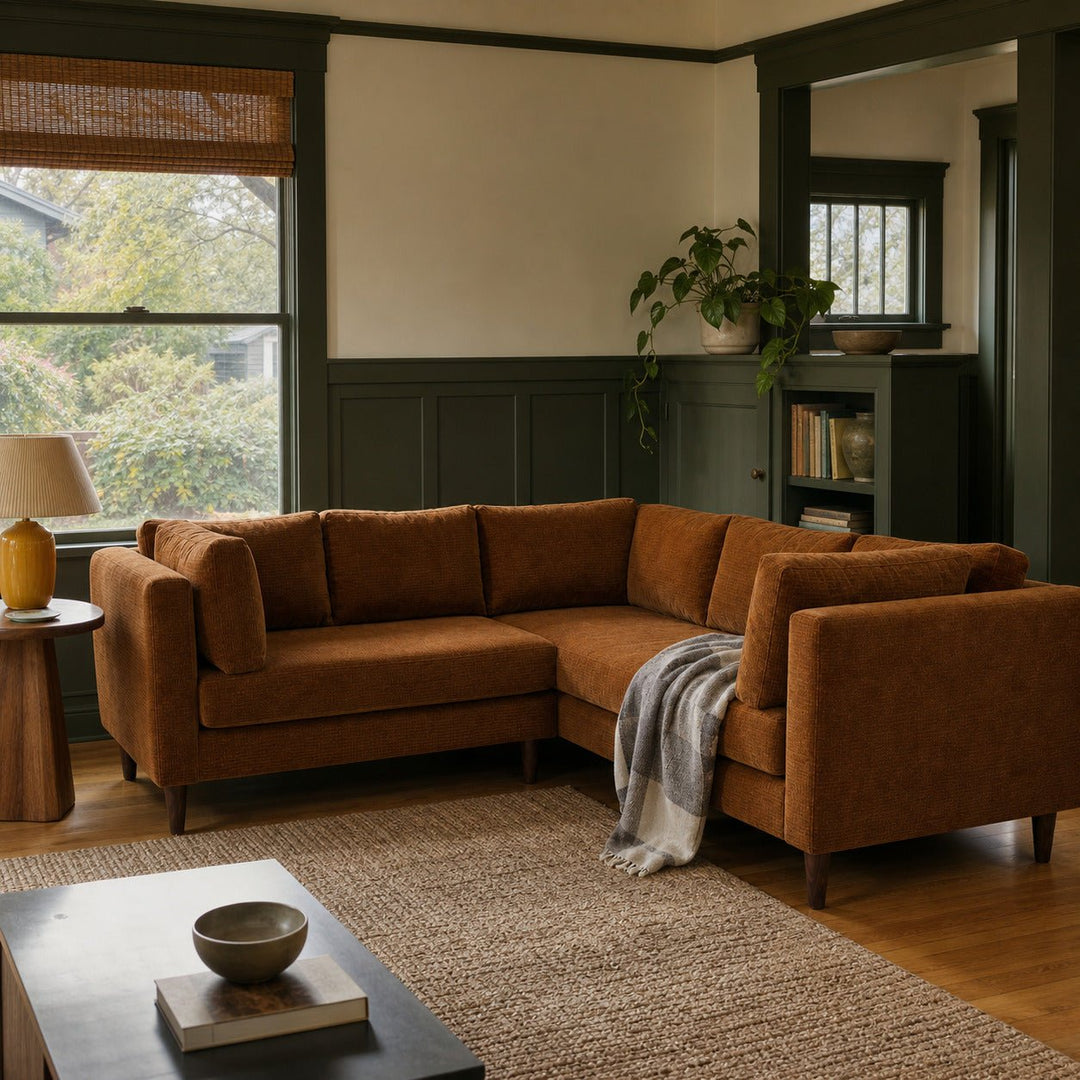 Birdy Sectional in Nexus Toffee styled in a Hawthorne Craftsman living room - What&