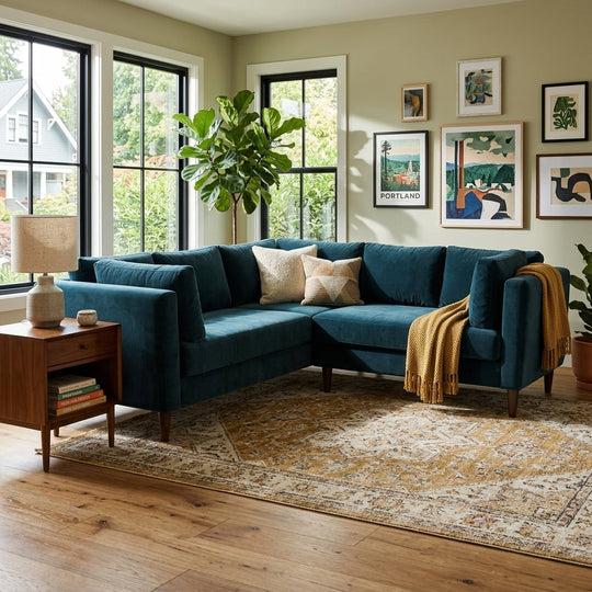 Birdy Sectional in Toscana Forest alternate angle - mid-century fabric sectional by Stylus - Whats New Furniture Portland OR