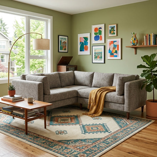 Birdy Sectional in Toscana Forest lifestyle setting - mid-century fabric sectional by Stylus - Whats New Furniture Portland OR