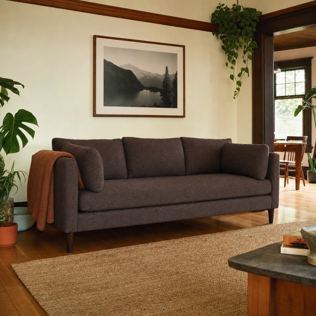 Birdy Sofa in Levi Raisin styled in Portland Alberta Arts foursquare living room - Whats New Furniture