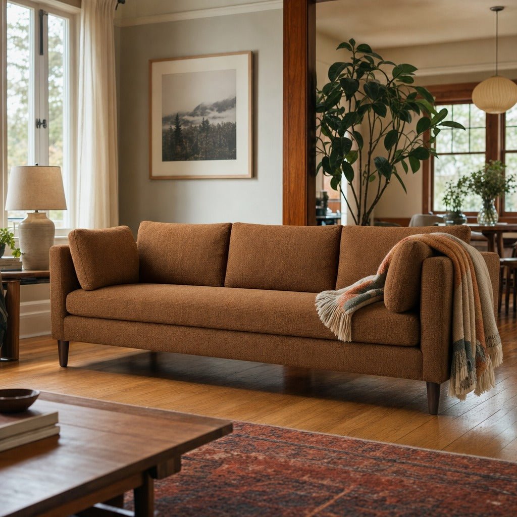 Birdy Sofa in Nexus Toffee styled in Portland Laurelhurst Tudor living room - Whats New Furniture