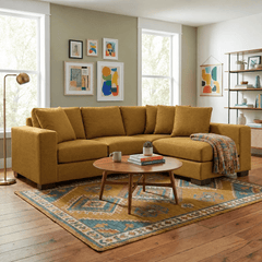 Block Reversible Sectional in Entice Honey styled in a Portland mid-century living room - Stylus - Whats New Furniture