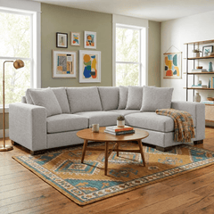 Block Reversible Sectional in Fairfax Oyster styled in a Portland mid-century living room - Stylus - Whats New Furniture