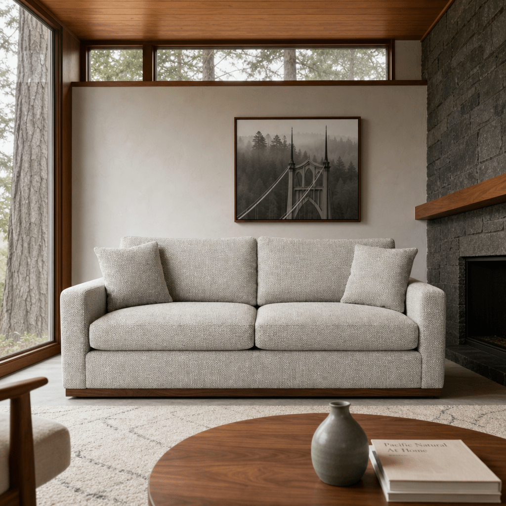Byron Sofa in Gellar Marble styled in a Mt. Tabor mid-century living room - Whats New Furniture