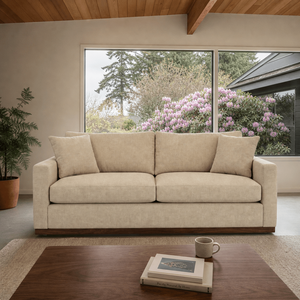 Byron Sofa in Malibu Sand styled in a Beaverton mid-century ranch living room - Whats New Furniture