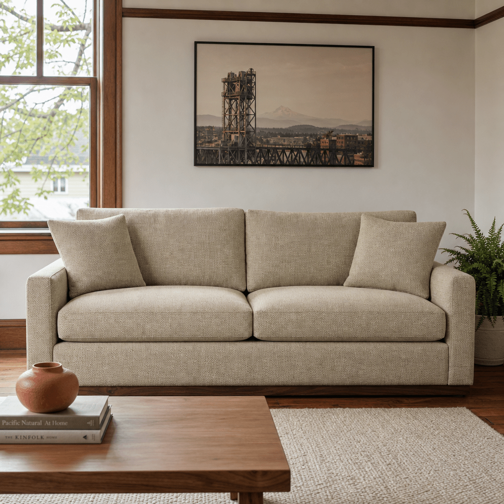 Byron Sofa in Marley Sand styled in a NE Portland Craftsman living room - Whats New Furniture