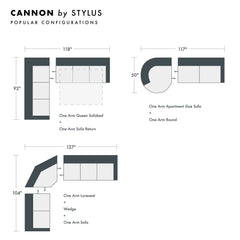 Cannon by Stylus configuration diagram - three popular sectional layouts including one-arm queen sleeper plus sofa return - Whats New Furniture Portland OR