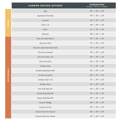 Cannon by Stylus seating options and dimensions chart - sofa, apartment, loveseat, twin/double/queen sleepers, and sectional pieces - Whats New Furniture Portland OR