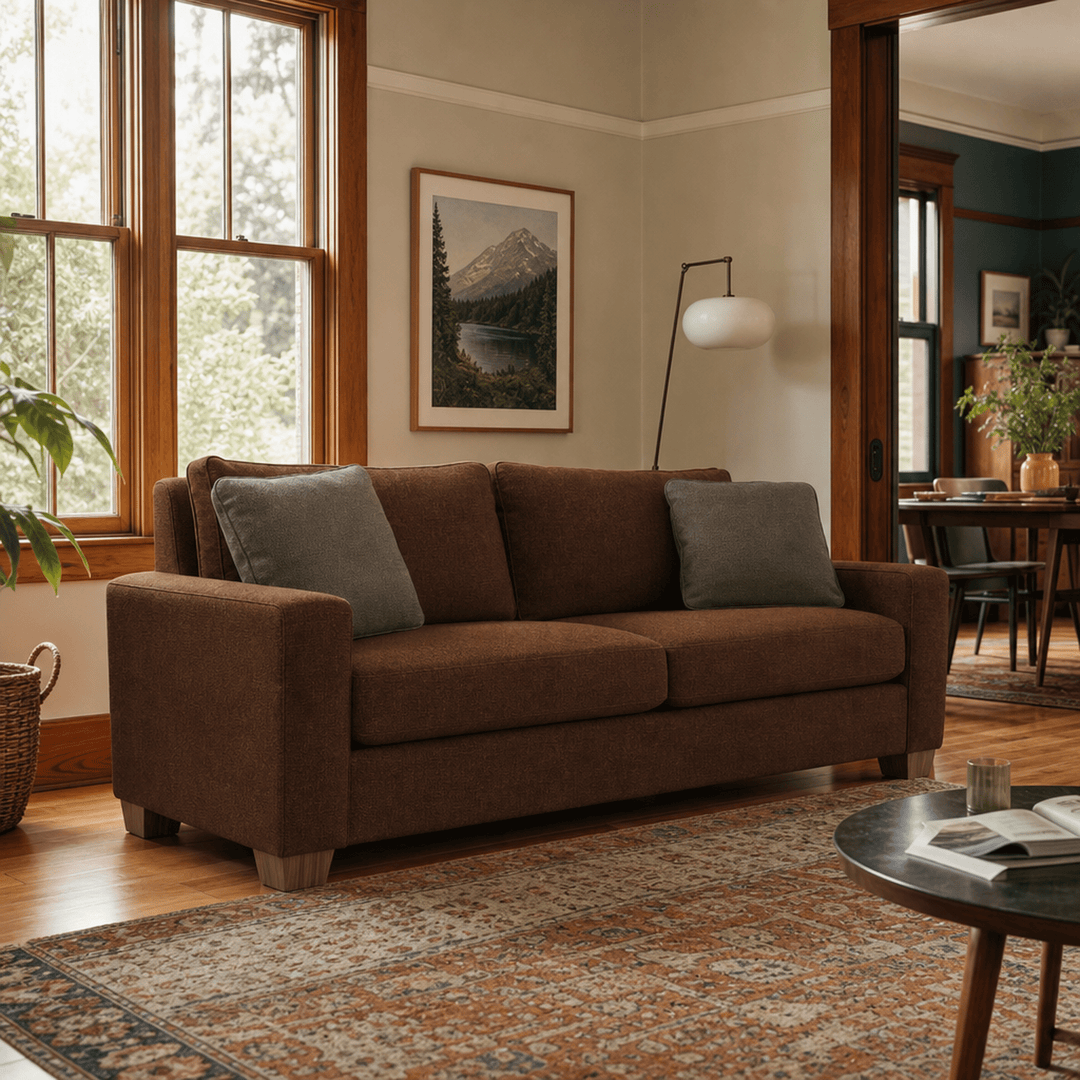 Cannon Sofa in Rhine Terracotta styled in a Portland Craftsman living room - Whats New Furniture