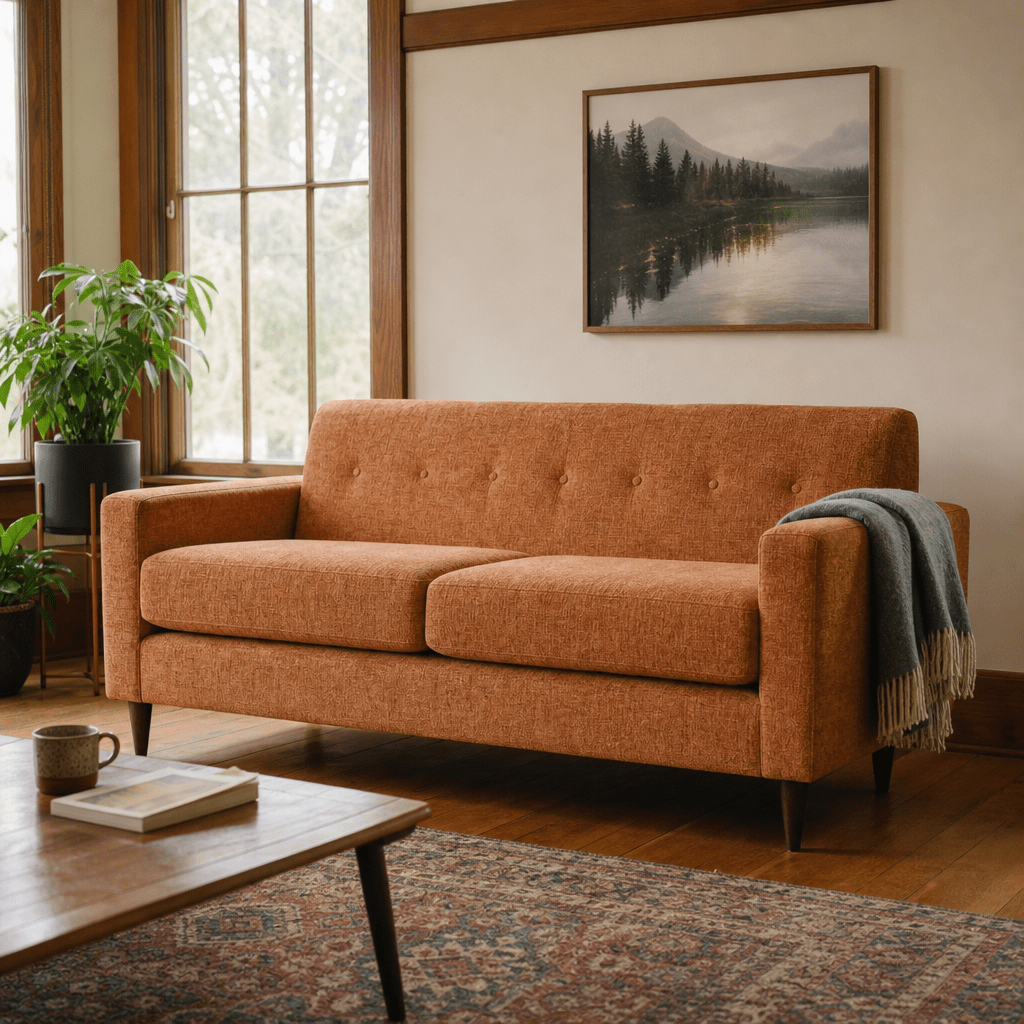 Stylus Elroy Apartment Sofa in Nile Pumpkin chenille styled in a Portland home