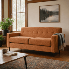 Stylus Elroy Apartment Sofa in Nile Pumpkin chenille styled in a Portland home