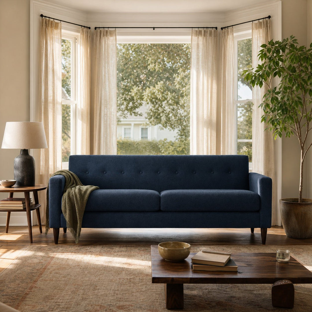 Elroy Sofa in Marley Navy styled in a Sellwood cottage living room - What&