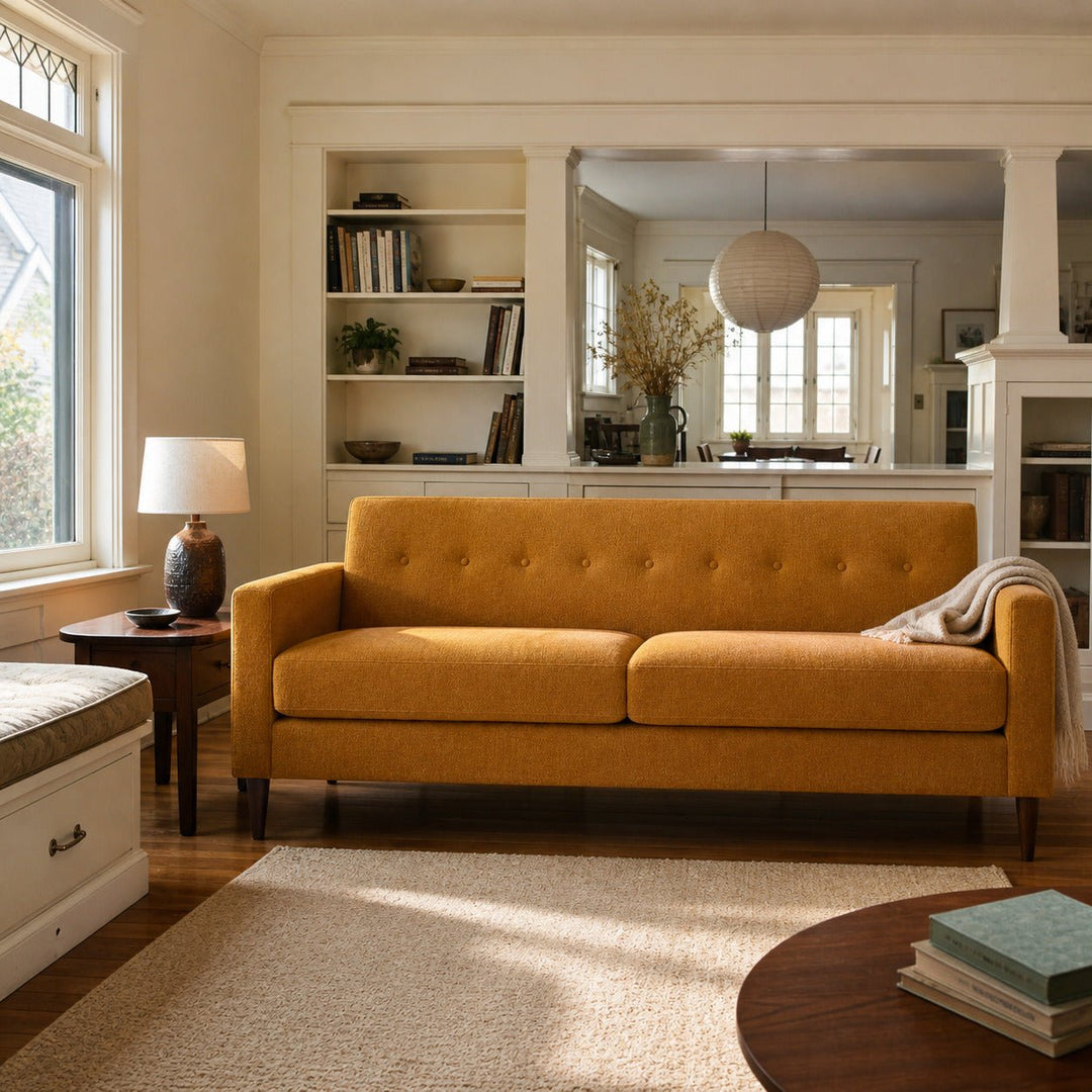 Elroy Sofa in Tempest Gold styled in an Irvington foursquare living room - What&