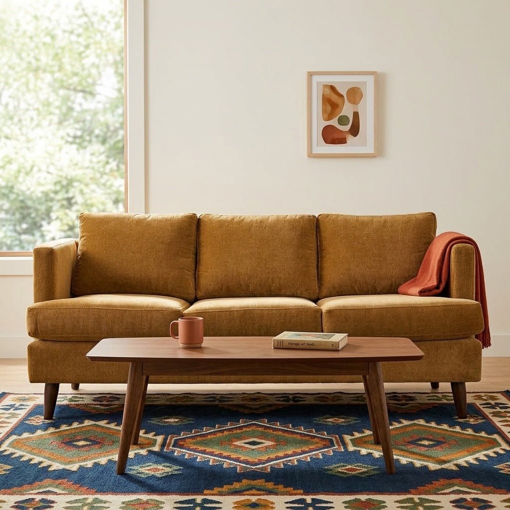 Enya Contemporary Sofa in Tempest Gold lifestyle setting - Pacific Northwest sofa by Stylus - Whats New Furniture Portland OR
