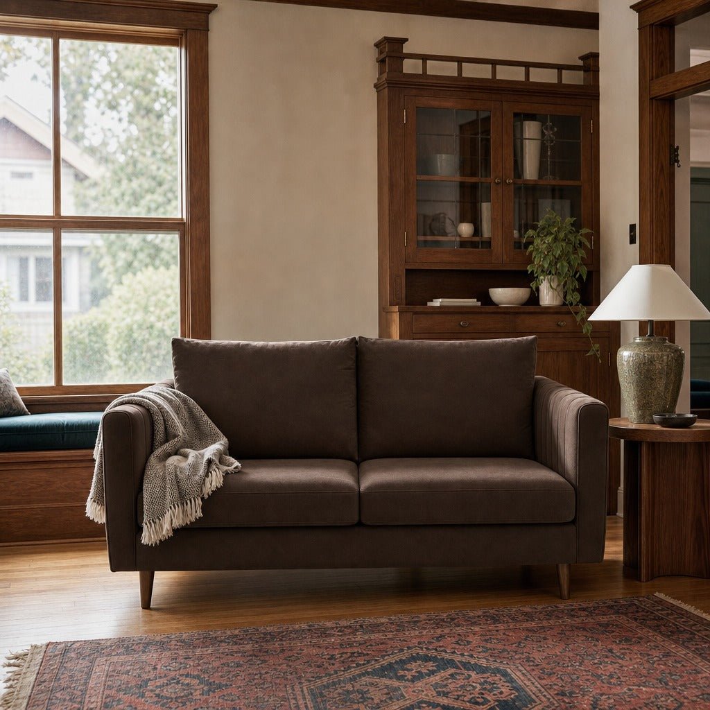 Fitz Apartment Sofa in Mythic Chocolate styled in an Irvington foursquare living room - Whats New Furniture Portland OR