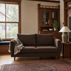 Fitz Apartment Sofa in Mythic Chocolate styled in an Irvington foursquare living room - Whats New Furniture Portland OR