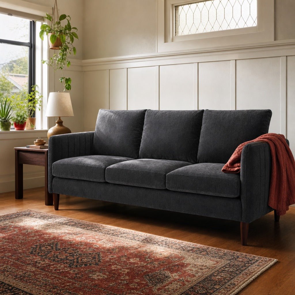 Fitz Modern Sofa in Palance Steel styled in a Hawthorne Craftsman living room - Whats New Furniture Portland OR