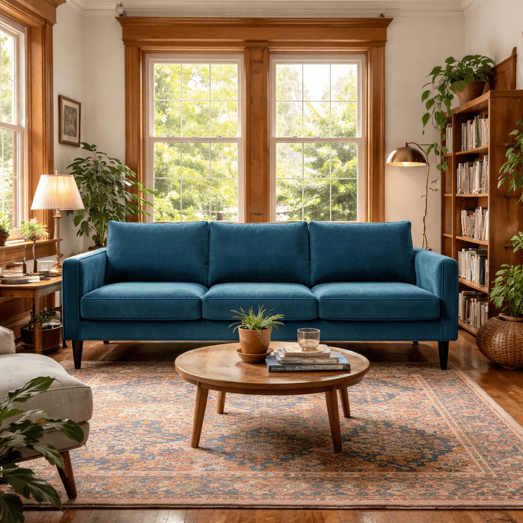 Fitz Modern Sofa in Kenley Indigo lifestyle setting - mid-century channel-arm sofa by Stylus - Whats New Furniture Portland OR