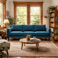 Fitz Modern Sofa in Kenley Indigo lifestyle setting - mid-century channel-arm sofa by Stylus - Whats New Furniture Portland OR