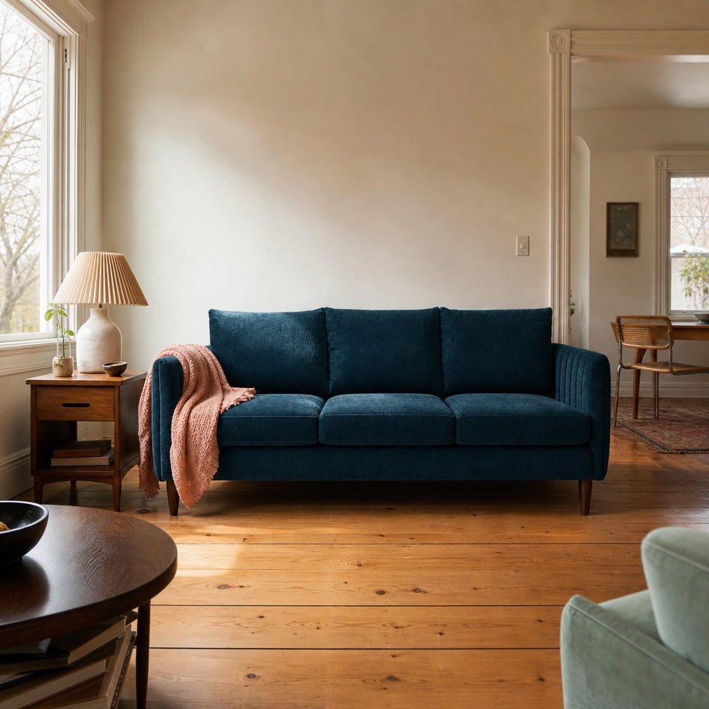 Fitz Modern Sofa in Kenley Indigo styled in an Alberta Arts foursquare living room - Whats New Furniture Portland OR