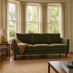 Fitz Modern Sofa in Mythic Olive styled in a Sellwood cottage living room - Whats New Furniture Portland OR