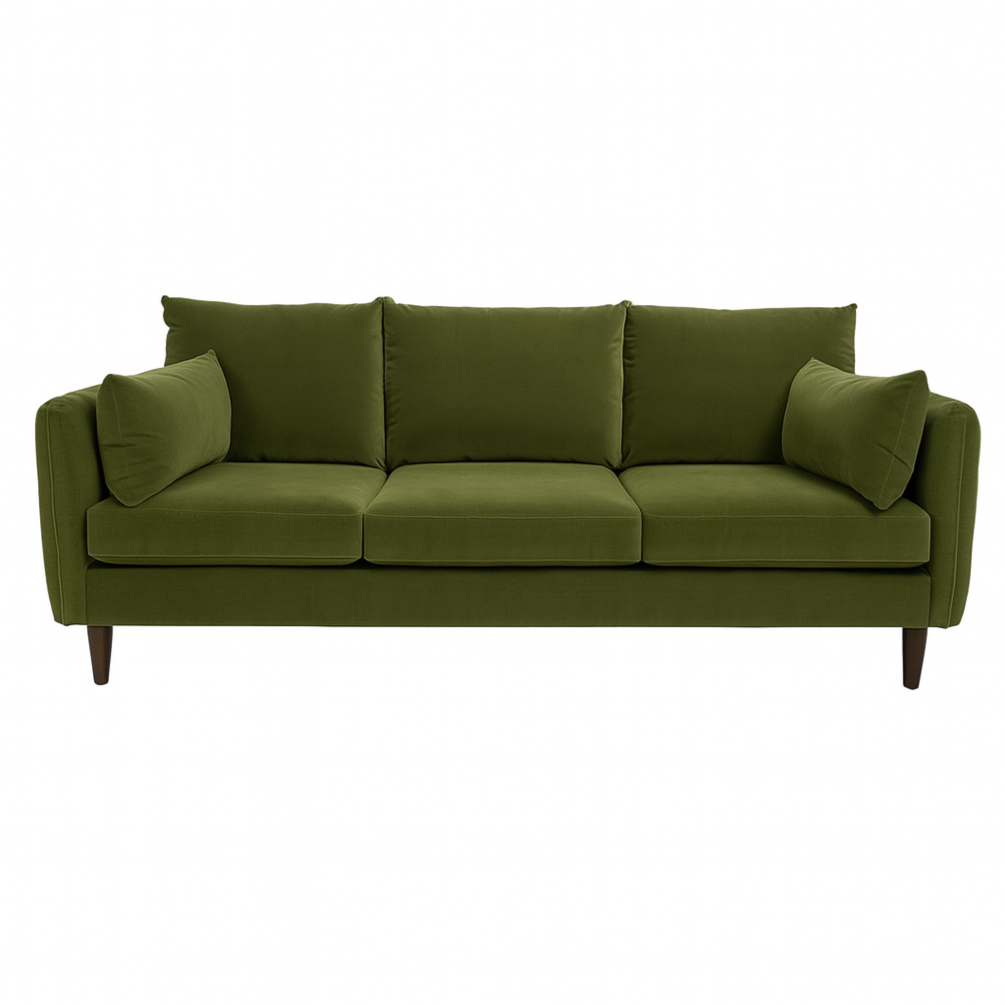 Green fitz sofa with brown legs on a white background