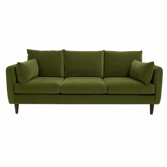 Green fitz sofa with brown legs on a white background