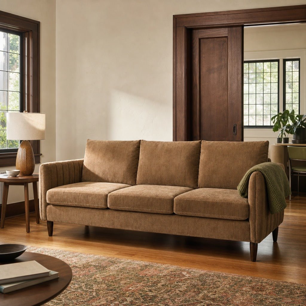 Fitz Modern Sofa in Serenity Brindle styled in a Laurelhurst Tudor living room - Whats New Furniture Portland OR