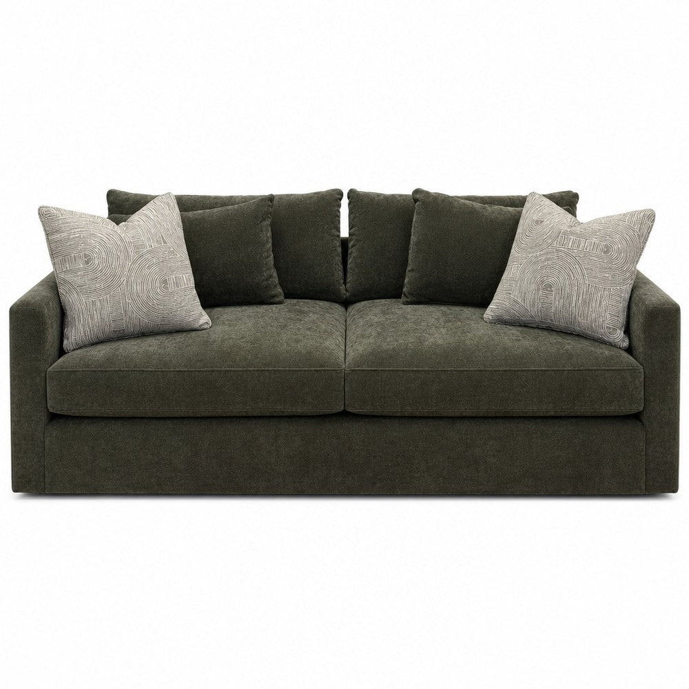 Haze Sofa by Stylus in Serenity Arbor with two patterned pillows, front view - Whats New Furniture Portland OR