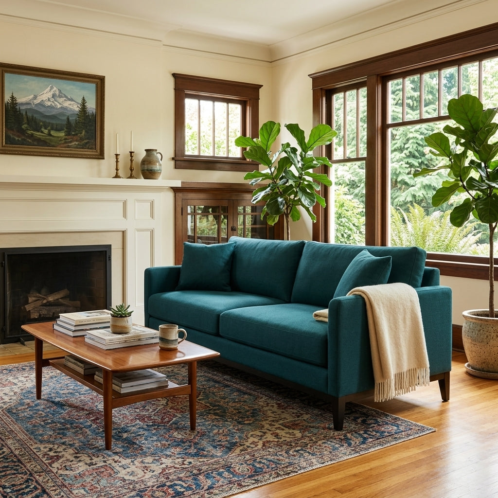 Inga Sofa in Merit Teal styled in Portland living room - Whats New Furniture