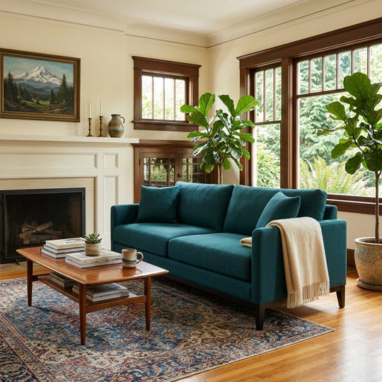 Inga Sofa in Merit Teal styled in Portland living room - Whats New Furniture