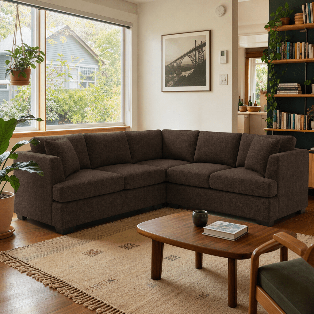 Jema Sectional Sofa in Levi Raisin styled in a Portland home - Whats New Furniture