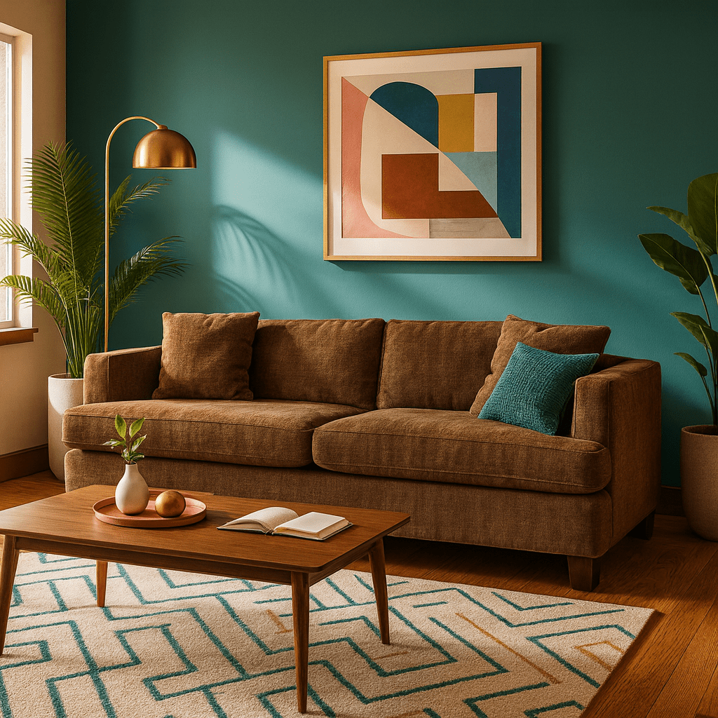 Jema Sofa in Serenity Desert-Palm lifestyle setting - mid-century track-arm sofa by Stylus - Whats New Furniture Portland OR