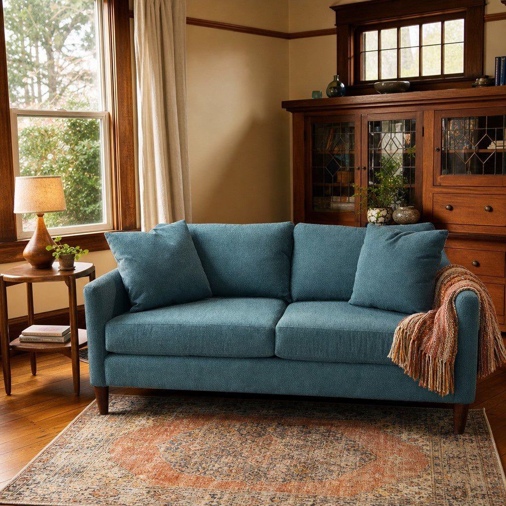 Josie Sofa in Infusion Seawater styled in a Portland Craftsman living room - Whats New Furniture