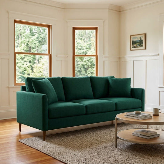 Josie Sofa in Julia Emerald styled in a bright Portland craftsman living room - Whats New Furniture