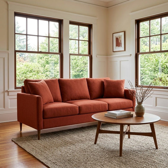 Josie Sofa in Mythic Rust styled in a bright Portland craftsman living room - Whats New Furniture
