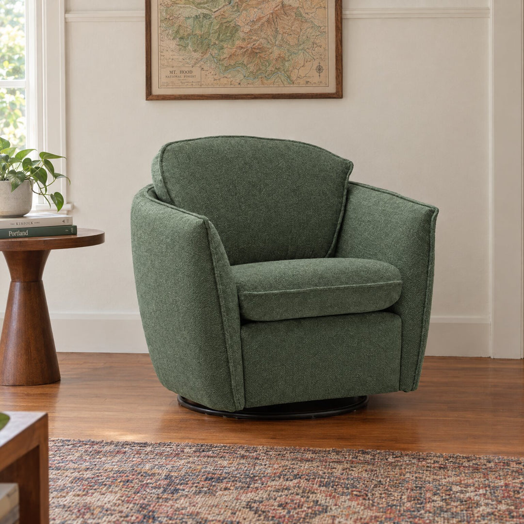Luna Swivel-Glider Chair in Cody Clover in a styled Portland living room - Whats New Furniture Portland OR