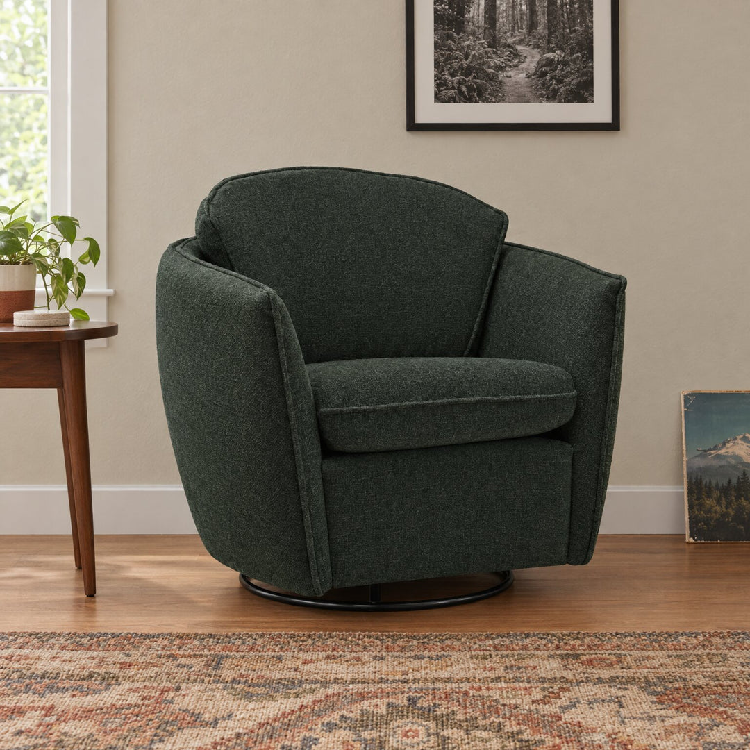 Luna Swivel-Glider Chair in Dream Goddess in a styled Portland living room - Whats New Furniture Portland OR