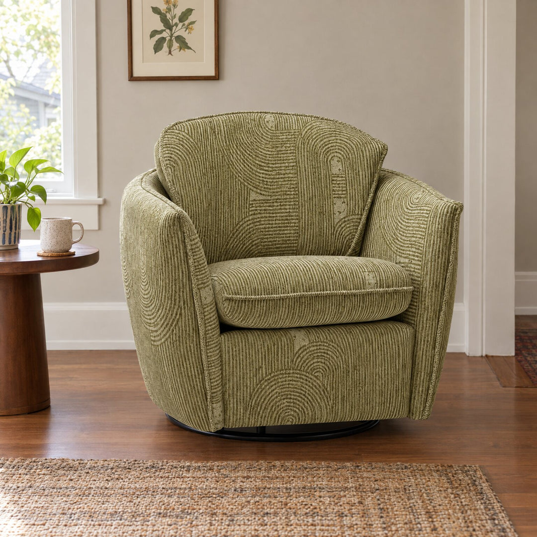 Luna Swivel-Glider Chair in Junction Cumin in a styled Portland living room - Whats New Furniture Portland OR