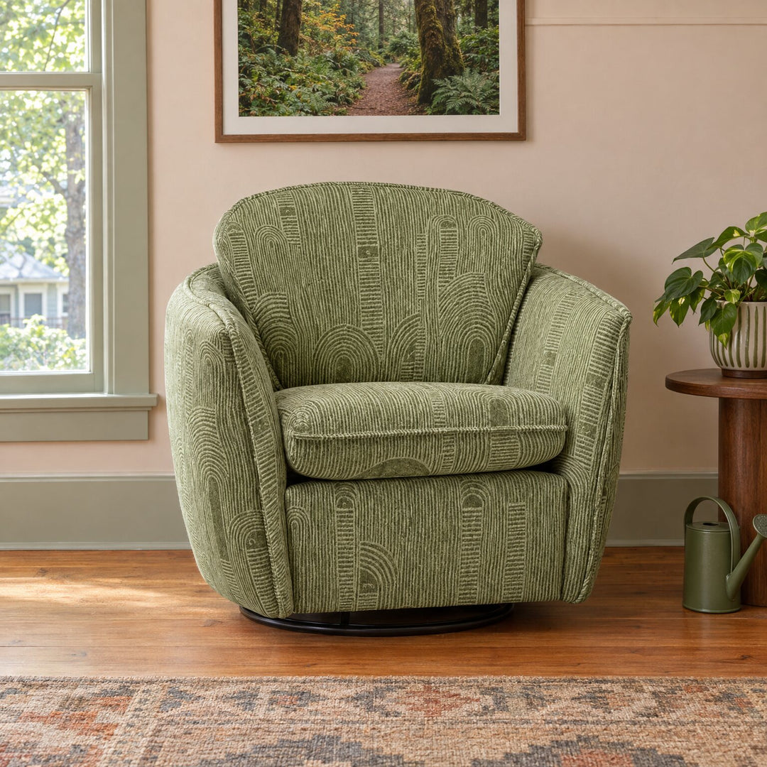 Luna Swivel-Glider Chair in Junction Thyme in a styled NE Portland Craftsman living room - Whats New Furniture Portland OR