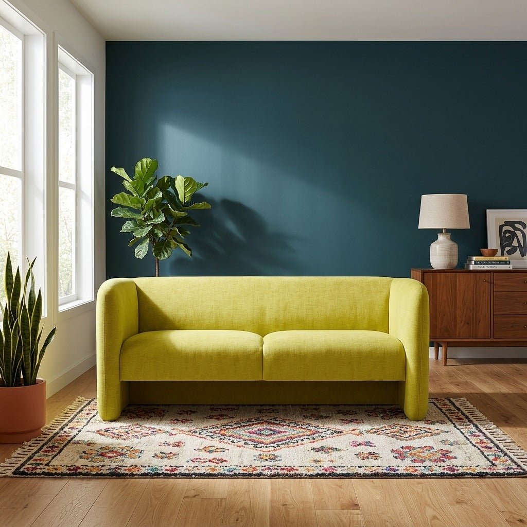 Meta Apartment Sofa in Dream Citrus in Dream Citrus room setting - Pacific Northwest apartment sofa by Stylus - Whats New Furniture Portland OR