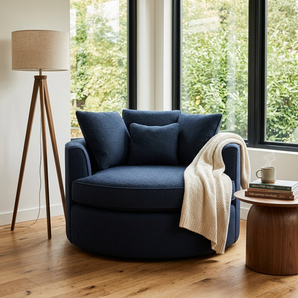 Nest Chair In Marine styled in a bright Portland mid-century modern room - Whats New Furniture