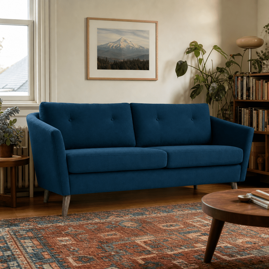 Olena Modern Sofa in Mythic Eclipse styled in a Portland home - Whats New Furniture