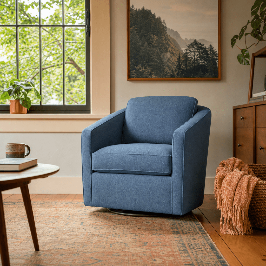 Rain Swivel Chair in Marley French Blue styled in a Portland living room - Whats New Furniture