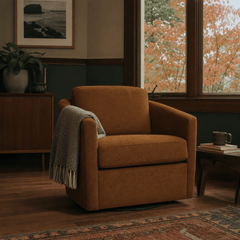 Rain Swivel Chair in Nexus Toffee styled in a Portland Craftsman living room - Whats New Furniture